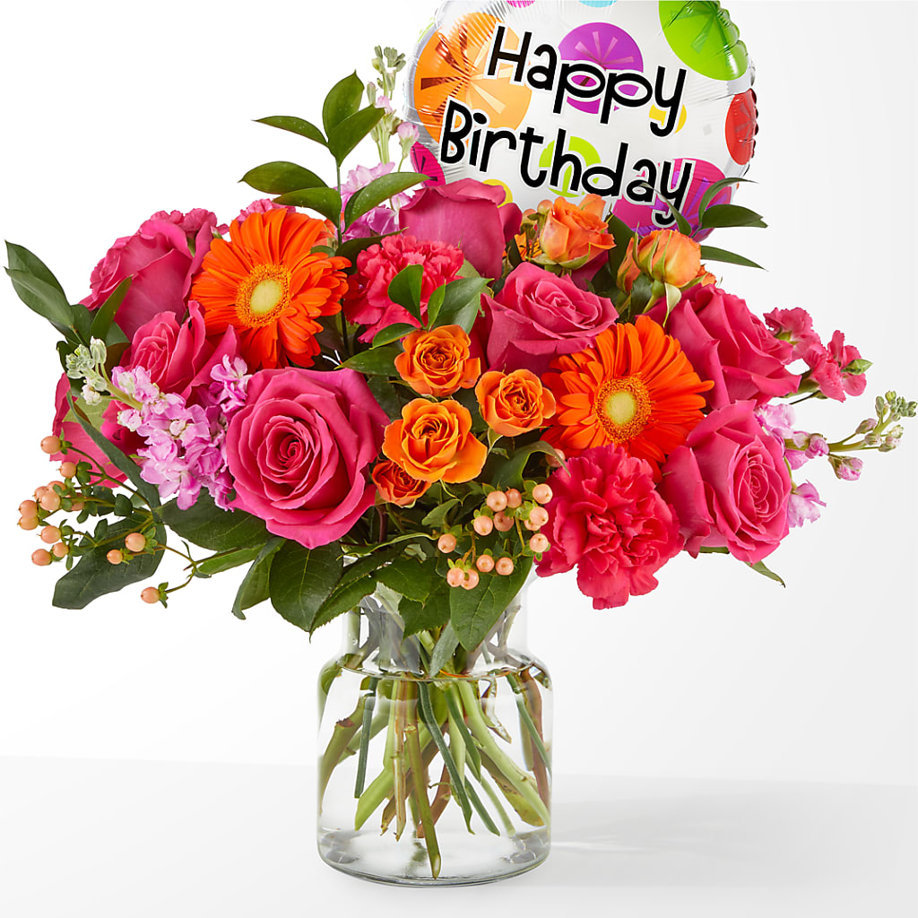 Fiesta Bouquet with Birthday Balloon – Depot Des Fleurs, Montreal PQ