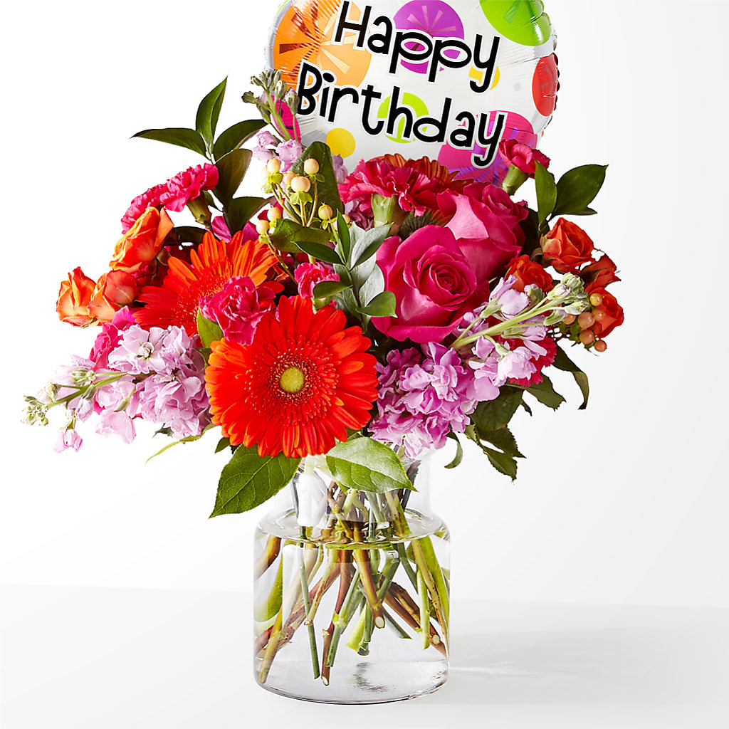 Fiesta Bouquet with Birthday Balloon – Depot Des Fleurs, Montreal PQ