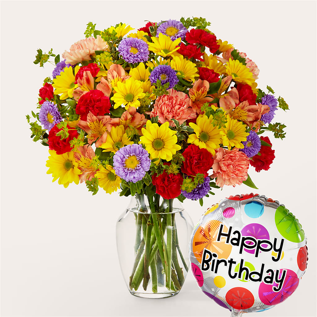 Kaleidoscope Bouquet with Birthday Balloon – Depot Des Fleurs, Montreal PQ