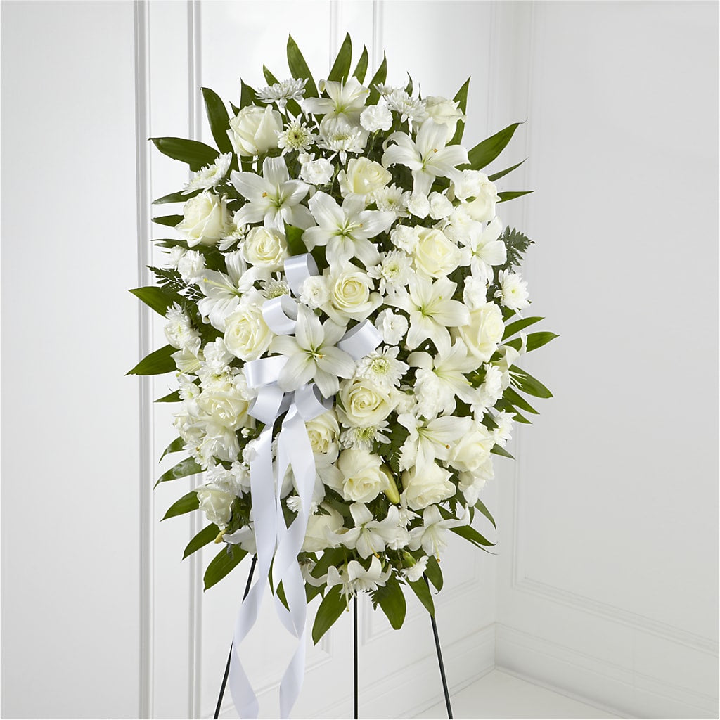 Exquisite Tribute Standing Spray-White Ribbon – Depot Des Fleurs, Montreal PQ