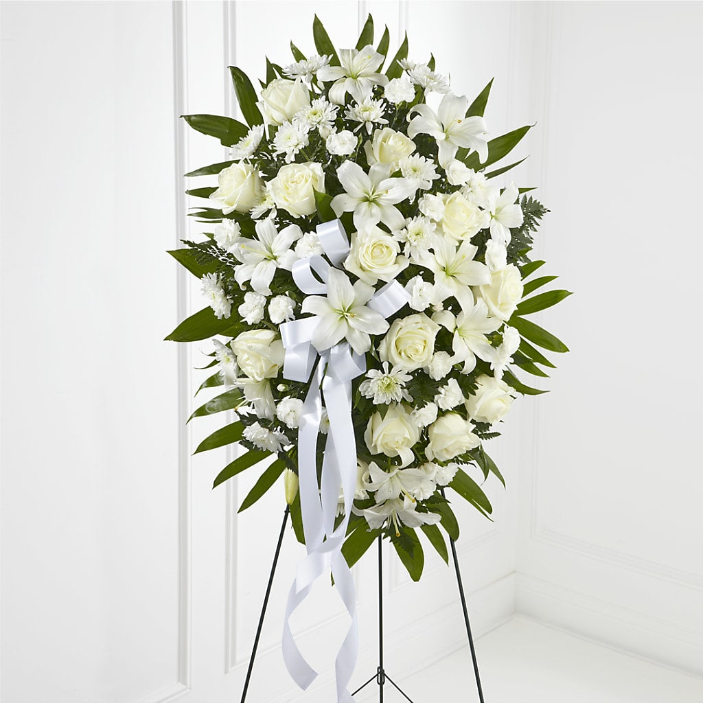 Exquisite Tribute Standing Spray-White Ribbon – Depot Des Fleurs, Montreal PQ