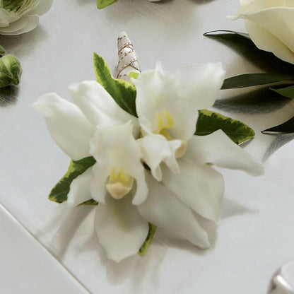 White Mini Cymbidium Boutonniere –  Depot Des Fleurs, Montreal PQ